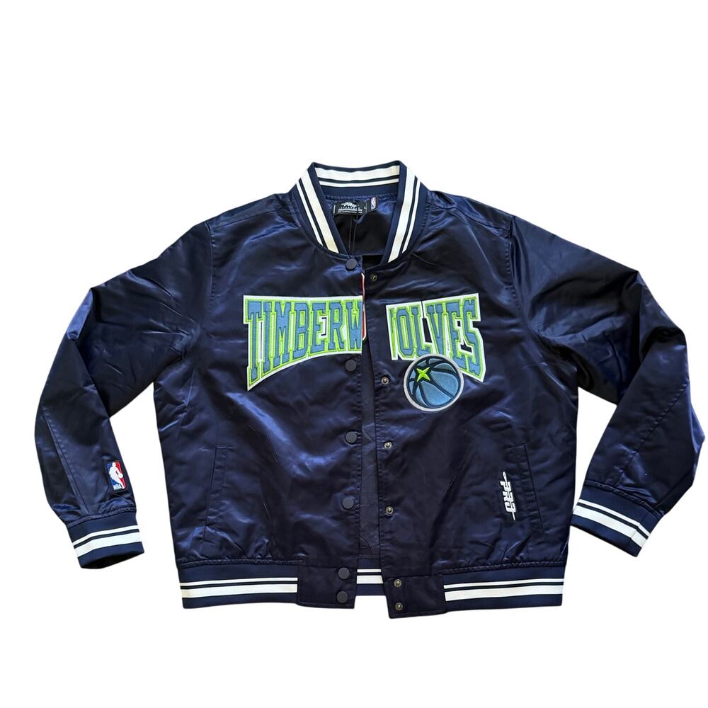 Pro Standard Minnesota Timberwolves Script Tail Satin Varsity Jacket Navy L NWT